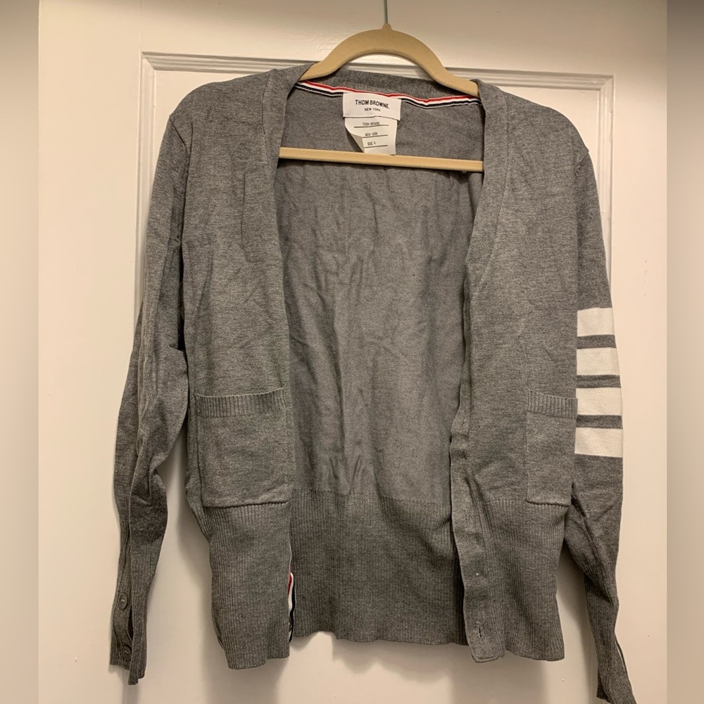 Gently warn Thom Browne Medium Grey Cotton V-Neck 4-Bar Cardigan SZ 4